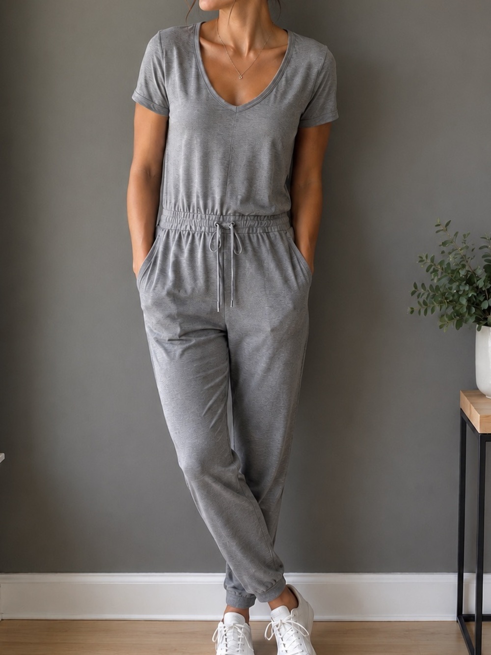 Gray Short Sleeve Drawstring Jogger Jumpsuit with Pockets Women’s Medium